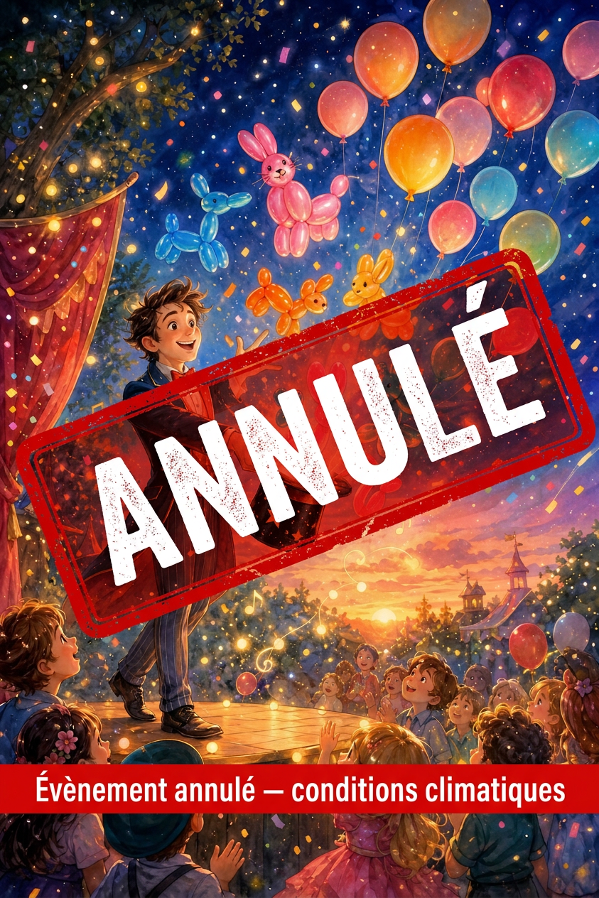 Affiche : magicien sur scène avec ballons et confettis