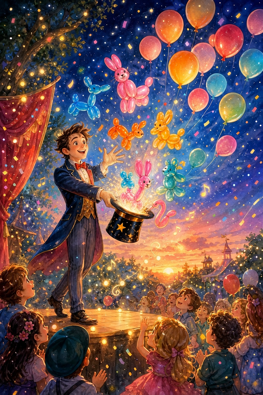 Affiche : magicien sur scène avec ballons et confettis